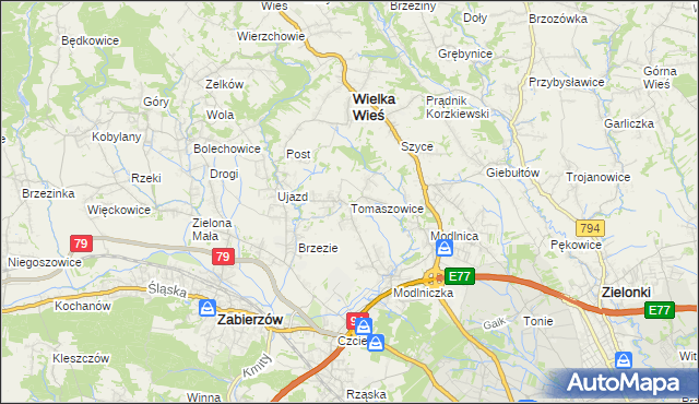 mapa Tomaszowice gmina Wielka Wieś, Tomaszowice gmina Wielka Wieś na mapie Targeo