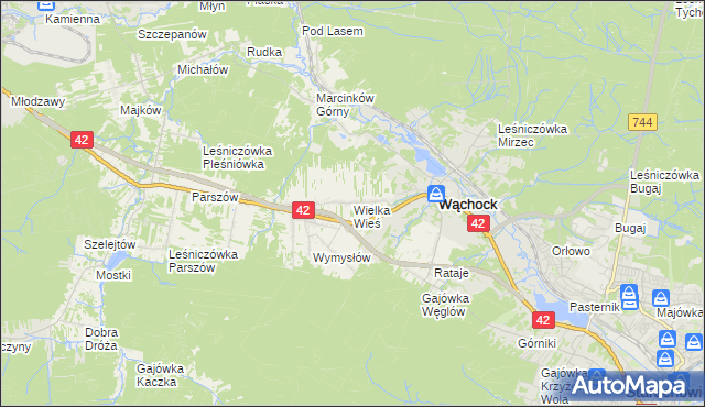 mapa Wielka Wieś gmina Wąchock, Wielka Wieś gmina Wąchock na mapie Targeo