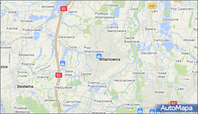 mapa Wilamowice powiat bielski, Wilamowice powiat bielski na mapie Targeo