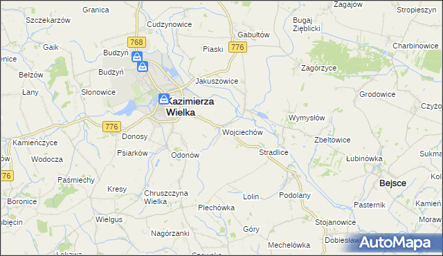 mapa Wojciechów gmina Kazimierza Wielka, Wojciechów gmina Kazimierza Wielka na mapie Targeo