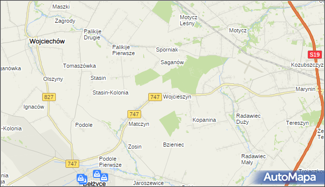 mapa Wojcieszyn gmina Bełżyce, Wojcieszyn gmina Bełżyce na mapie Targeo