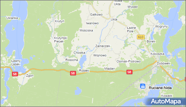 mapa Wojnowo gmina Ruciane-Nida, Wojnowo gmina Ruciane-Nida na mapie Targeo