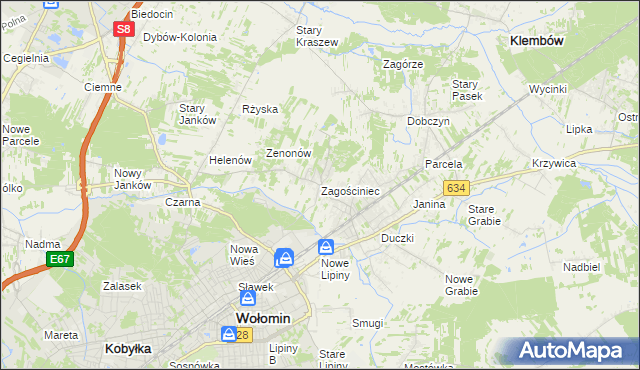 mapa Zagościniec gmina Wołomin, Zagościniec gmina Wołomin na mapie Targeo