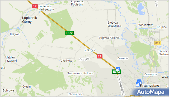 mapa Zakręcie gmina Krasnystaw, Zakręcie gmina Krasnystaw na mapie Targeo