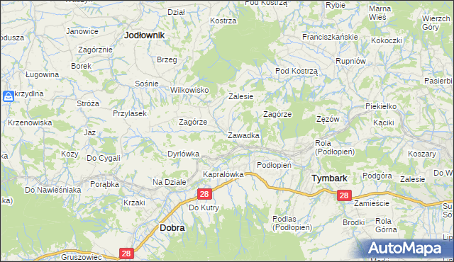 mapa Zawadka gmina Tymbark, Zawadka gmina Tymbark na mapie Targeo