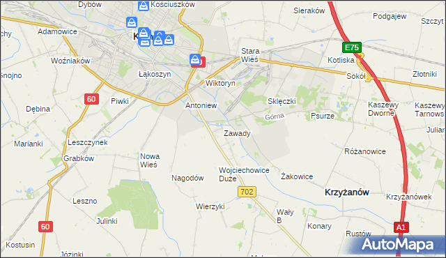 mapa Zawady gmina Krzyżanów, Zawady gmina Krzyżanów na mapie Targeo