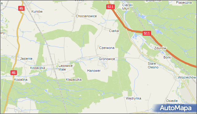 mapa Gronowice gmina Lasowice Wielkie, Gronowice gmina Lasowice Wielkie na mapie Targeo