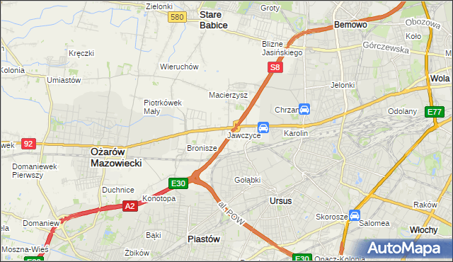 mapa Jawczyce gmina Ożarów Mazowiecki, Jawczyce gmina Ożarów Mazowiecki na mapie Targeo