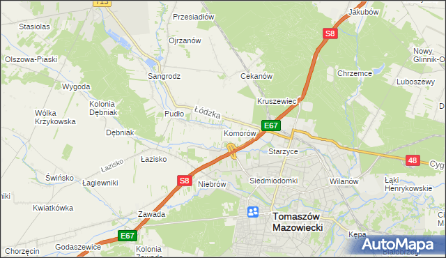 mapa Komorów gmina Tomaszów Mazowiecki, Komorów gmina Tomaszów Mazowiecki na mapie Targeo