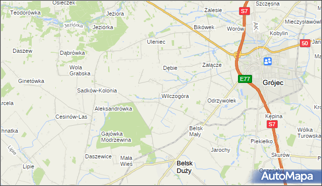 mapa Wilczogóra gmina Belsk Duży, Wilczogóra gmina Belsk Duży na mapie Targeo