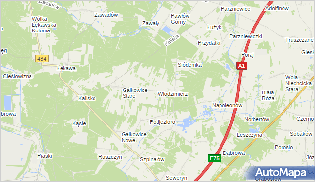 mapa Włodzimierz gmina Kamieńsk, Włodzimierz gmina Kamieńsk na mapie Targeo