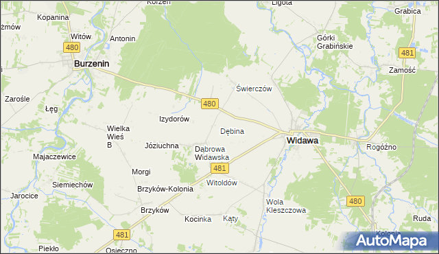 mapa Dębina gmina Widawa, Dębina gmina Widawa na mapie Targeo