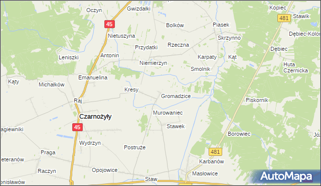 mapa Gromadzice gmina Czarnożyły, Gromadzice gmina Czarnożyły na mapie Targeo