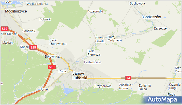 mapa Biała Druga gmina Janów Lubelski, Biała Druga gmina Janów Lubelski na mapie Targeo