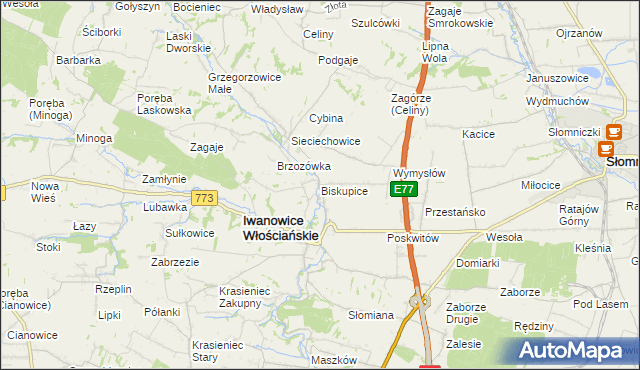 mapa Biskupice gmina Iwanowice, Biskupice gmina Iwanowice na mapie Targeo