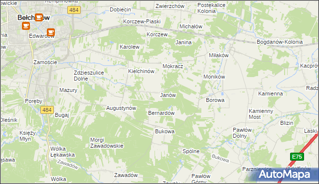 mapa Janów gmina Bełchatów, Janów gmina Bełchatów na mapie Targeo
