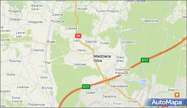 mapa Miedziana Góra powiat kielecki, Miedziana Góra powiat kielecki na mapie Targeo