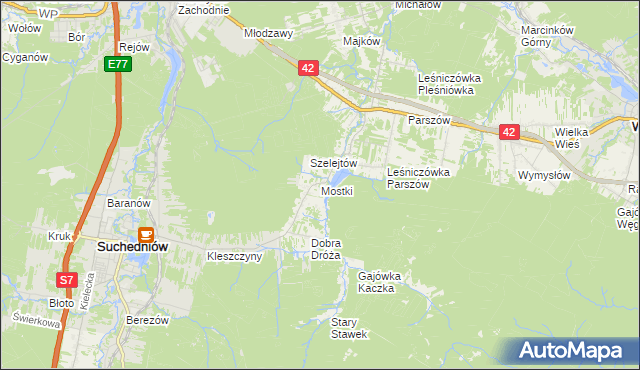 mapa Mostki gmina Suchedniów, Mostki gmina Suchedniów na mapie Targeo