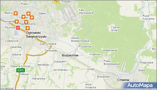 mapa Przyborów gmina Bodzechów, Przyborów gmina Bodzechów na mapie Targeo