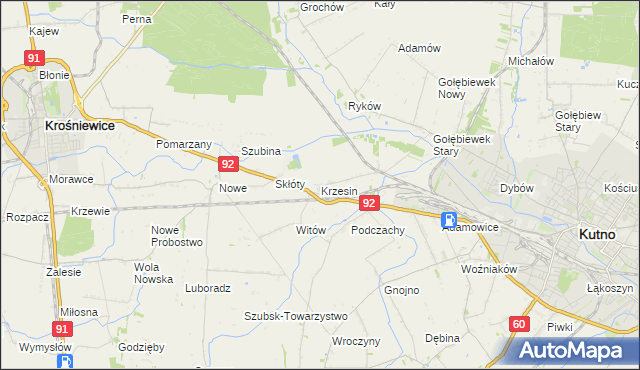 mapa Krzesin gmina Kutno, Krzesin gmina Kutno na mapie Targeo