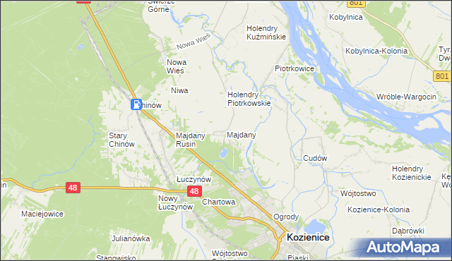 mapa Majdany gmina Kozienice, Majdany gmina Kozienice na mapie Targeo
