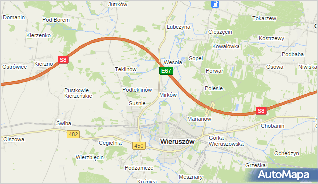 mapa Mirków gmina Wieruszów, Mirków gmina Wieruszów na mapie Targeo