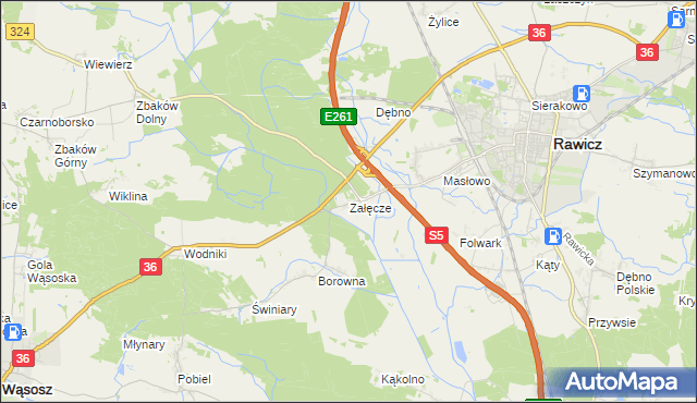mapa Załęcze gmina Rawicz, Załęcze gmina Rawicz na mapie Targeo