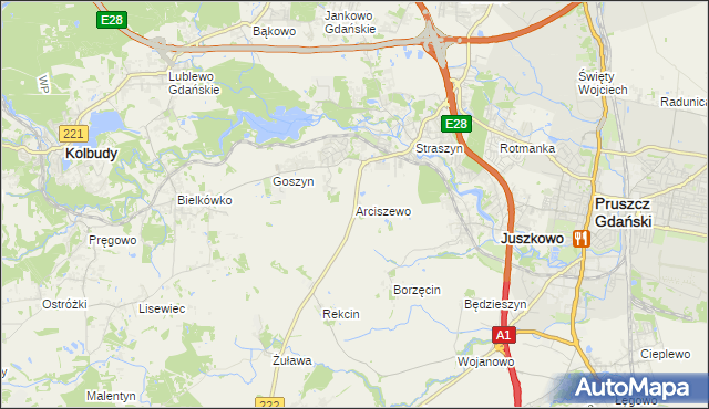 mapa Arciszewo gmina Pruszcz Gdański, Arciszewo gmina Pruszcz Gdański na mapie Targeo