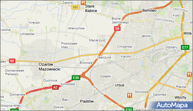 mapa Jawczyce gmina Ożarów Mazowiecki, Jawczyce gmina Ożarów Mazowiecki na mapie Targeo