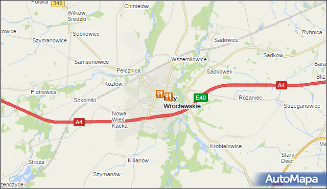 mapa Kąty Wrocławskie, Kąty Wrocławskie na mapie Targeo