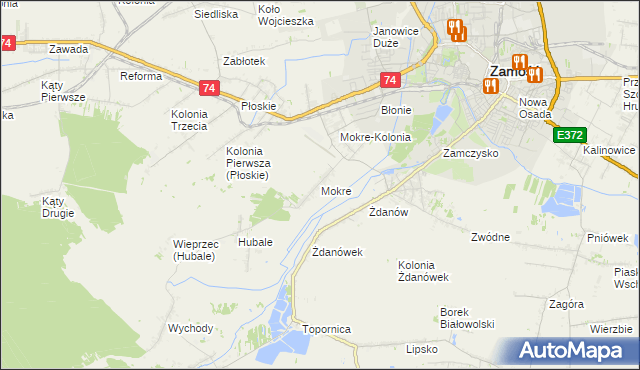 mapa Mokre gmina Zamość, Mokre gmina Zamość na mapie Targeo