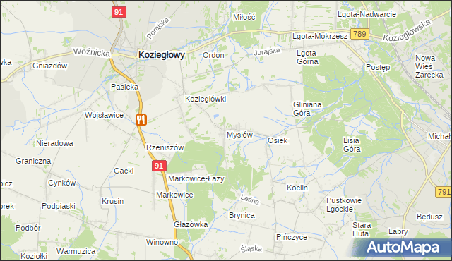 mapa Mysłów gmina Koziegłowy, Mysłów gmina Koziegłowy na mapie Targeo