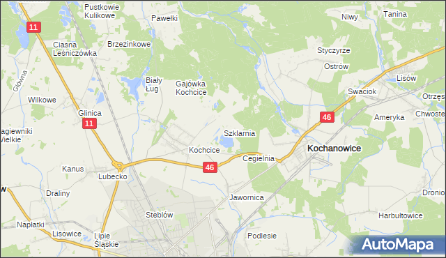 mapa Szklarnia gmina Kochanowice, Szklarnia gmina Kochanowice na mapie Targeo