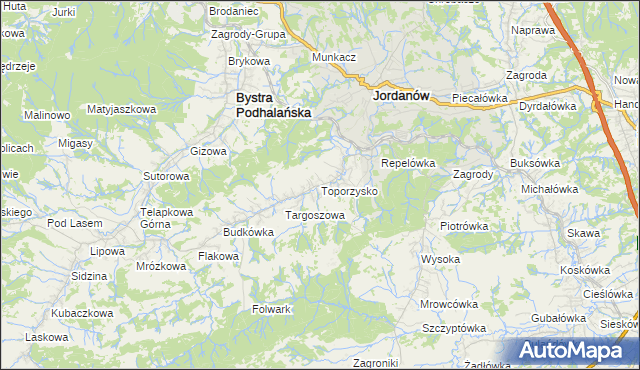 mapa Toporzysko gmina Jordanów, Toporzysko gmina Jordanów na mapie Targeo