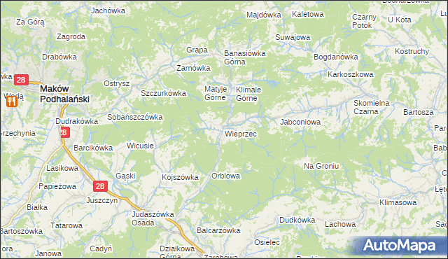 mapa Wieprzec gmina Maków Podhalański, Wieprzec gmina Maków Podhalański na mapie Targeo