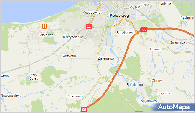 mapa Zieleniewo gmina Kołobrzeg, Zieleniewo gmina Kołobrzeg na mapie Targeo