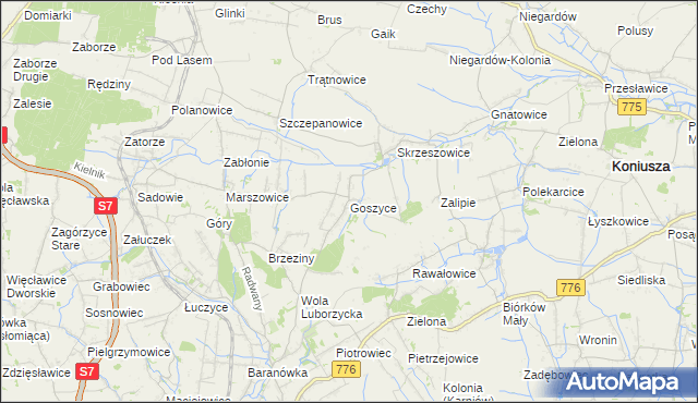 mapa Goszyce gmina Kocmyrzów-Luborzyca, Goszyce gmina Kocmyrzów-Luborzyca na mapie Targeo