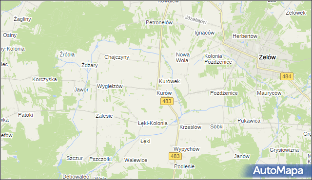 mapa Kurów gmina Zelów, Kurów gmina Zelów na mapie Targeo