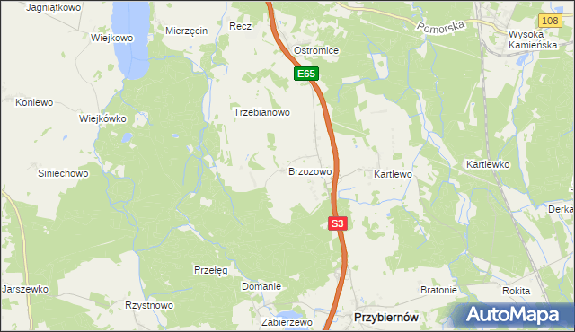 mapa Brzozowo gmina Przybiernów, Brzozowo gmina Przybiernów na mapie Targeo