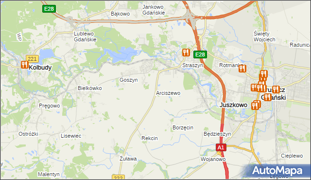 mapa Arciszewo gmina Pruszcz Gdański, Arciszewo gmina Pruszcz Gdański na mapie Targeo