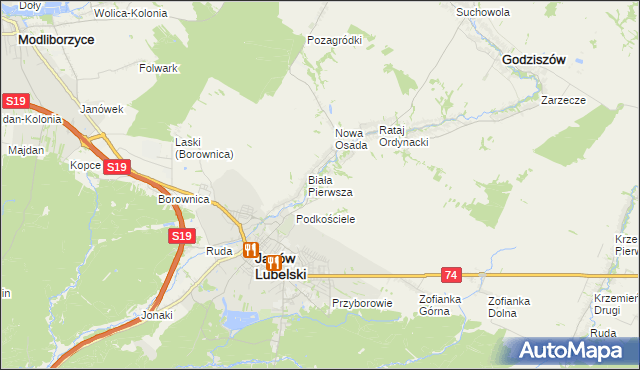 mapa Biała Druga gmina Janów Lubelski, Biała Druga gmina Janów Lubelski na mapie Targeo