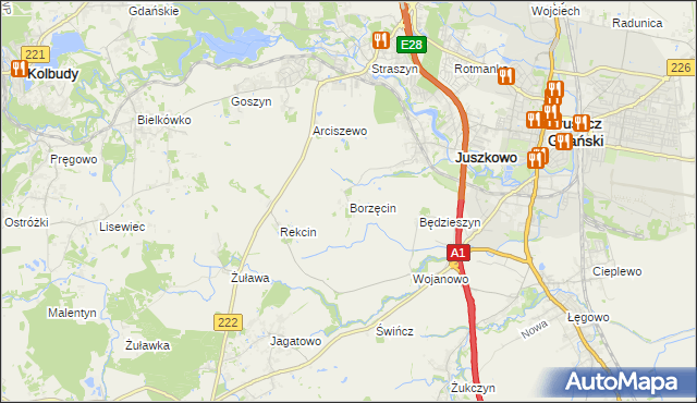 mapa Borzęcin gmina Pruszcz Gdański, Borzęcin gmina Pruszcz Gdański na mapie Targeo