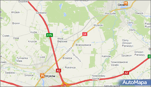 mapa Bratoszewice, Bratoszewice na mapie Targeo