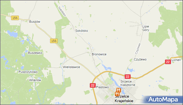 mapa Bronowice gmina Strzelce Krajeńskie, Bronowice gmina Strzelce Krajeńskie na mapie Targeo
