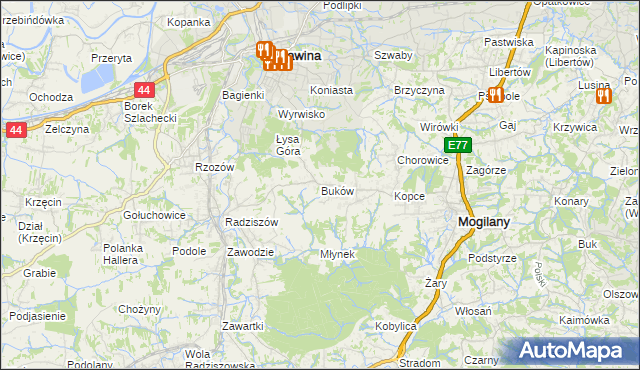 mapa Buków gmina Mogilany, Buków gmina Mogilany na mapie Targeo