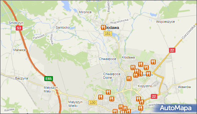 mapa Chwalęcice gmina Kłodawa, Chwalęcice gmina Kłodawa na mapie Targeo