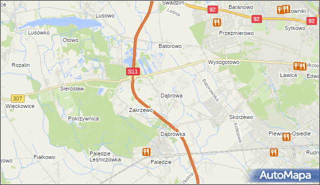 mapa Dąbrowa gmina Dopiewo, Dąbrowa gmina Dopiewo na mapie Targeo