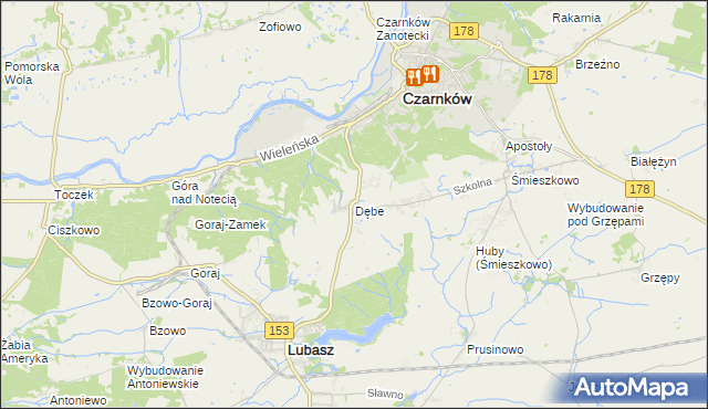 mapa Dębe gmina Lubasz, Dębe gmina Lubasz na mapie Targeo