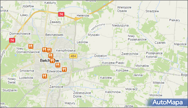 mapa Dobiecin gmina Bełchatów, Dobiecin gmina Bełchatów na mapie Targeo