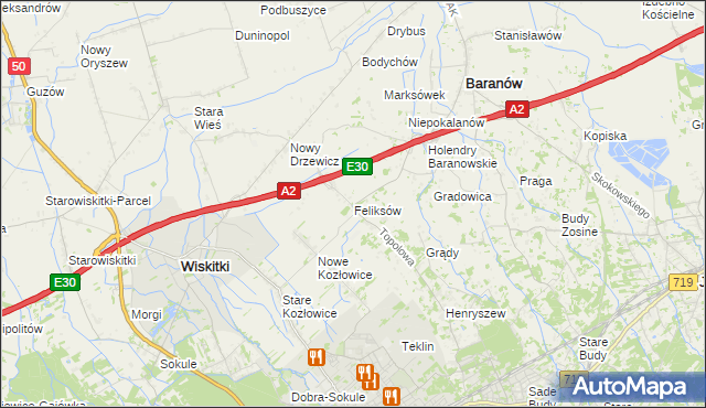 mapa Feliksów gmina Wiskitki, Feliksów gmina Wiskitki na mapie Targeo